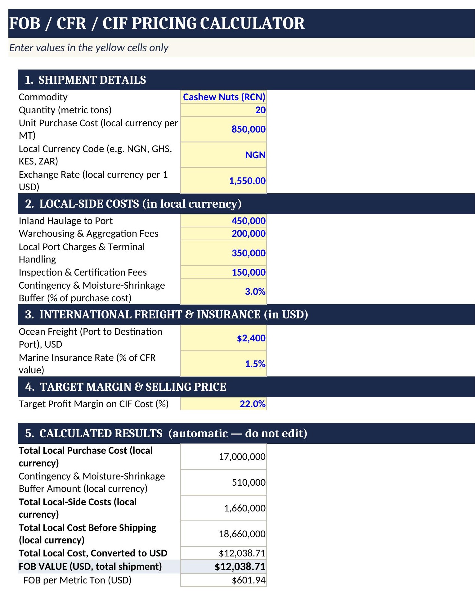 FOB, CFR and CIF freight pricing calculator spreadsheet