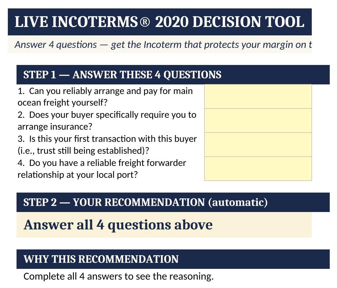 Live Incoterms 2020 decision tool spreadsheet